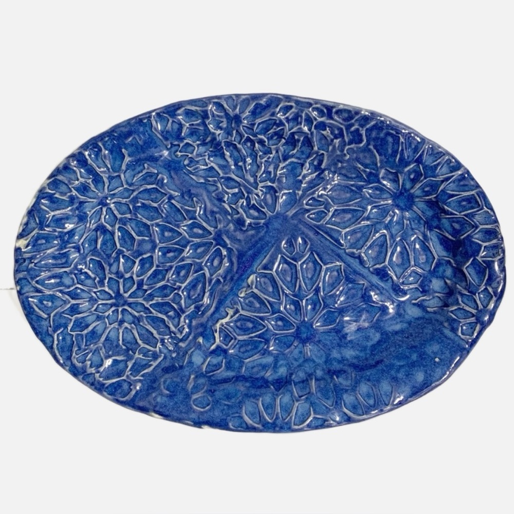 Art Pottery Floral Printed High Gloss Blue 💙 Glazed Trinket Dish Plate Embossed
